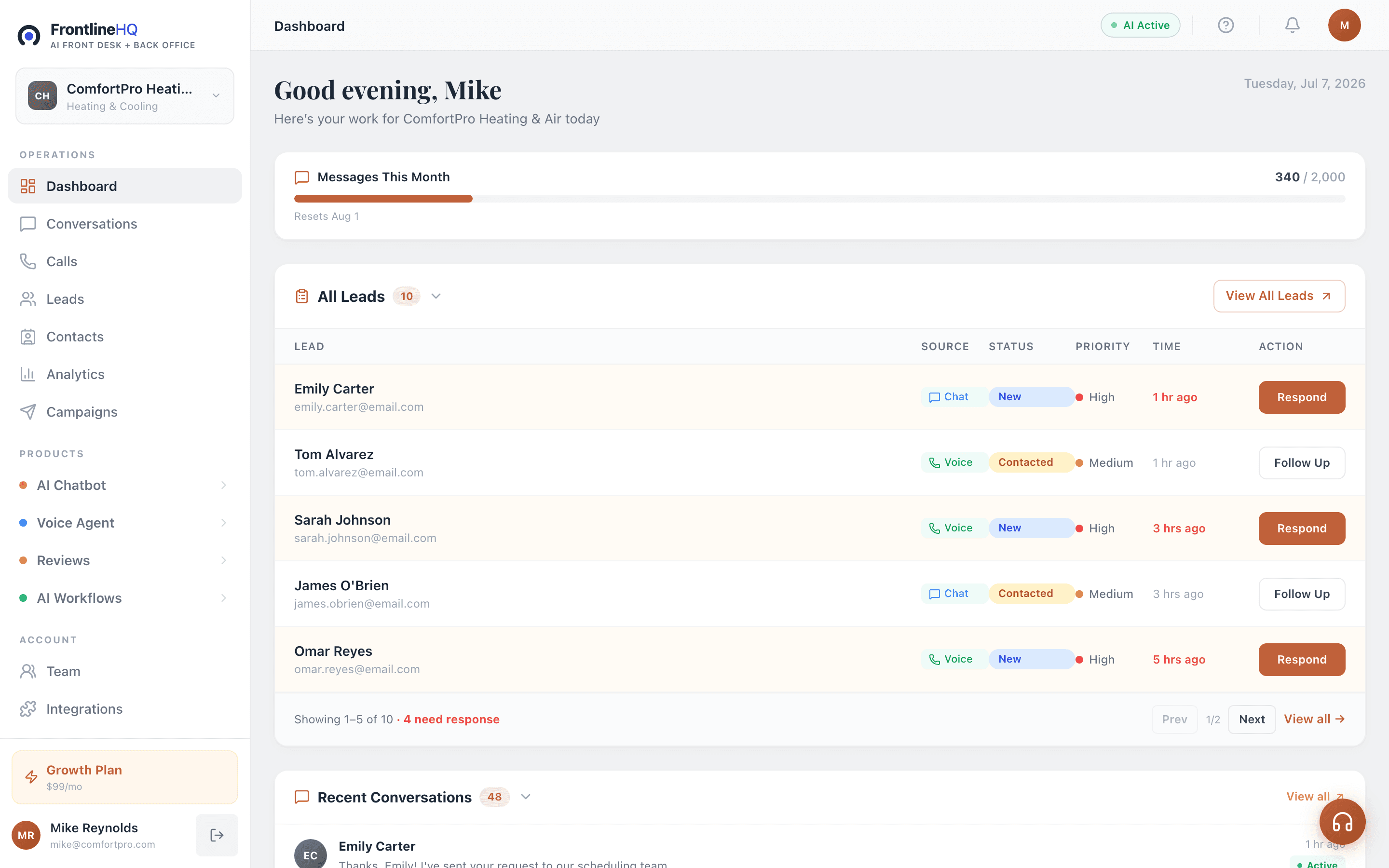FrontlineHQ dashboard on desktop: lead list with source, status, priority, and respond buttons